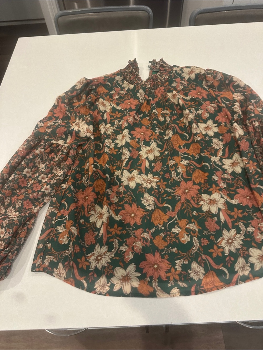 Vici Green Floral Smocked Neck Blouse with Rust & Cream Blooms